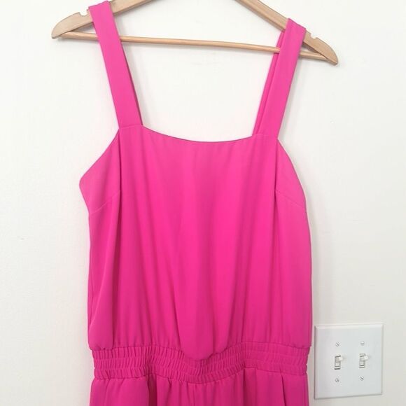 Amanda Uprichard Sateen Smocked Waist Square Neck Ruched Leg Jumpsuit Hot Pink M - Picture 3 of 9